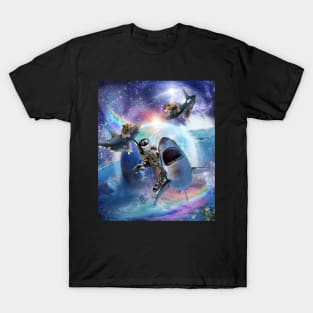 Rainbow Galaxy Cat Riding Shark In Space T-Shirt